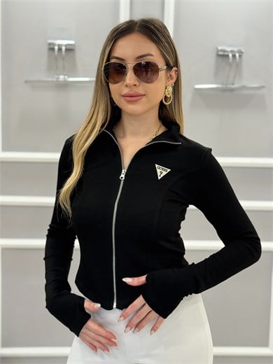 Gu Premium Modal Kumaş Likralı Fermuarlı Parmak Geçmeli Bluz 53 cm Siyah