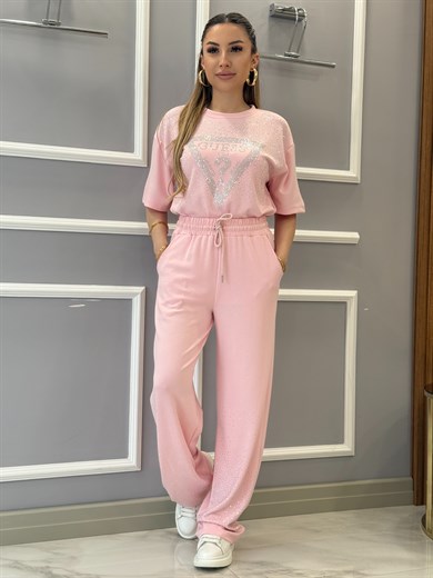 Gu Premium Modal Kumaş Taş Yazılı Pembe Takım 