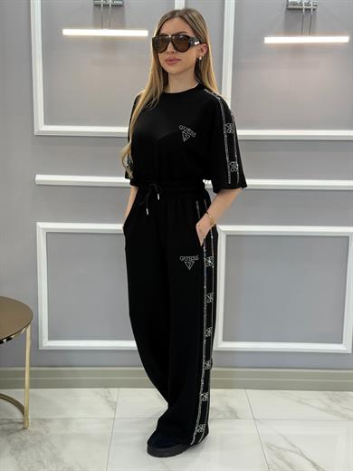 Gu Premium Modal Kumaş Taş Yazılı Siyah Takım