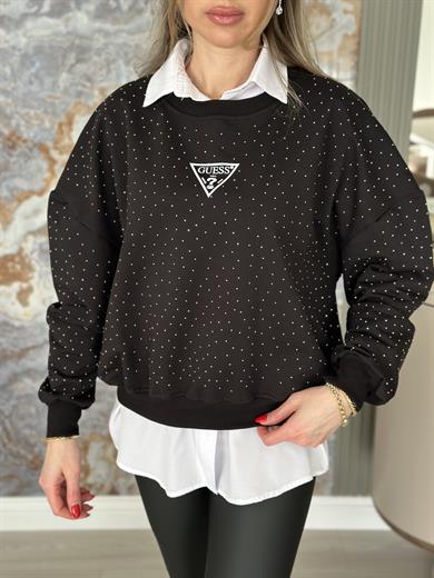 Gu Serpme Komple Taşlı Sweatshirt Siyah