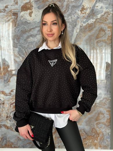 Gu Serpme Komple Taşlı Sweatshirt Siyah
