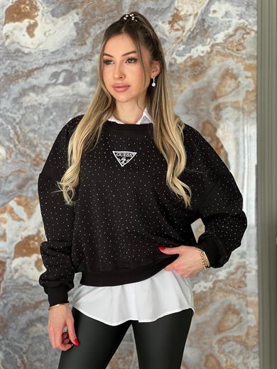 Gu Serpme Komple Taşlı Sweatshirt Siyah
