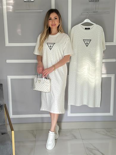 Gu Serpme Taşlı Yandan Tek Yırtmaç Oversize Elbise Beyaz