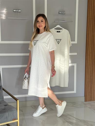 Gu Serpme Taşlı Yandan Tek Yırtmaç Oversize Elbise Beyaz