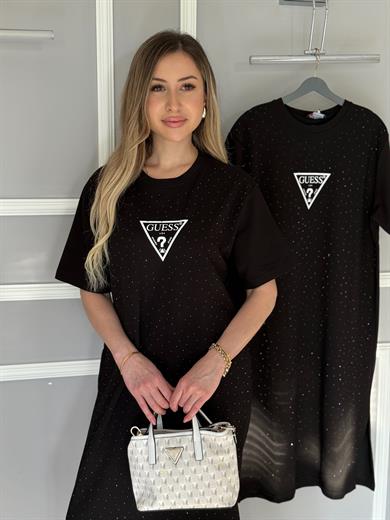 Gu Serpme Taşlı Yandan Tek Yırtmaç Oversize Elbise Siyah