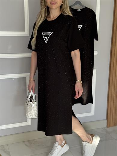 Gu Serpme Taşlı Yandan Tek Yırtmaç Oversize Elbise Siyah