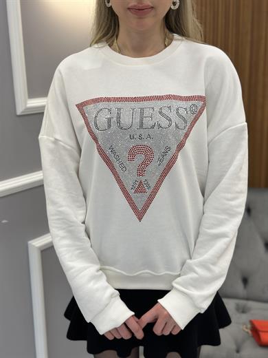 Gu Sweatshirt Kırmızı Şerit Taş Yazı Detaylı Beyaz