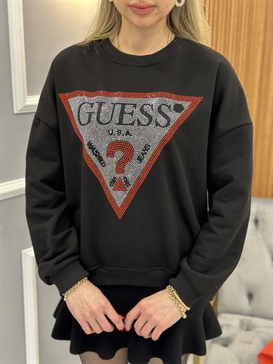 Gu Sweatshirt Kırmızı Şerit Taş Yazı Detaylı Siyah