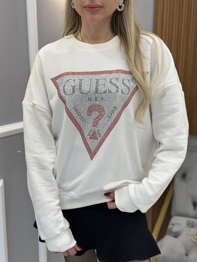 Gu Sweatshirt Kırmızı Şerit Taş Yazı Detaylı Beyaz