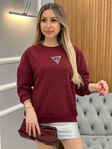 Gu Sweatshirt Serpme Taşlı Bordo