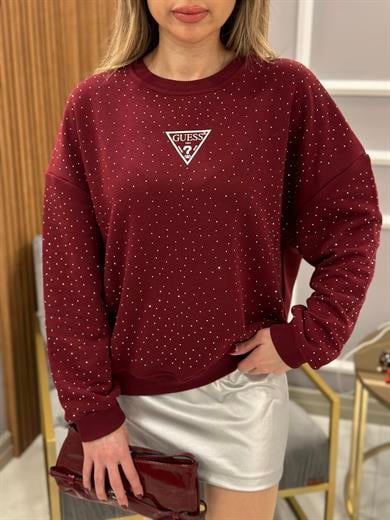 Gu Sweatshirt Serpme Taşlı Bordo