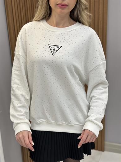 Gu Sweatshirt Serpme Taşlı Ekru
