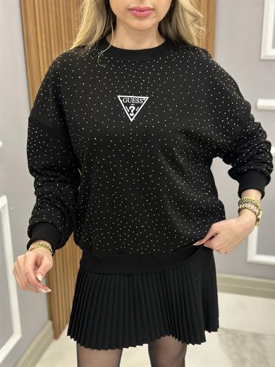 Gu Sweatshirt Serpme Taşlı Siyah