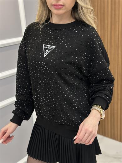 Gu Sweatshirt Serpme Taşlı Siyah