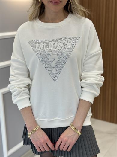 Gu Sweatshirt Silver Yazı Taşlı Ekru