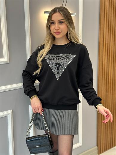 Gu Sweatshirt Silver Yazı Taşlı Siyah