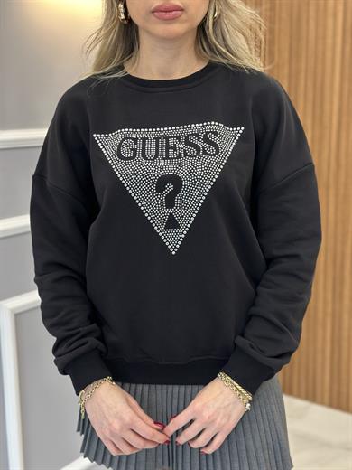 Gu Sweatshirt Silver Yazı Taşlı Siyah