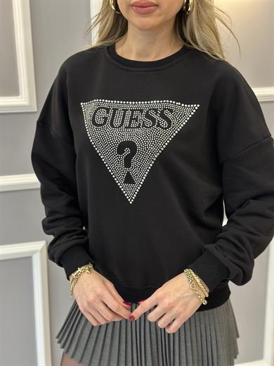 Gu Sweatshirt Silver Yazı Taşlı Siyah