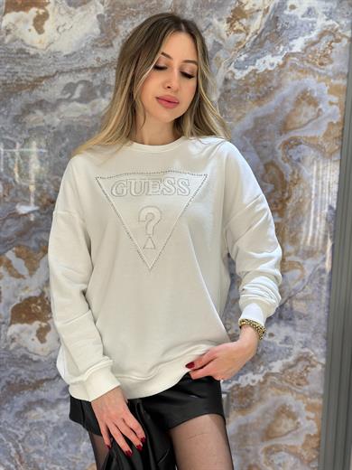 Gu Sweatshirt Taşlı Nakışlı Yazı Detaylı Ekru
