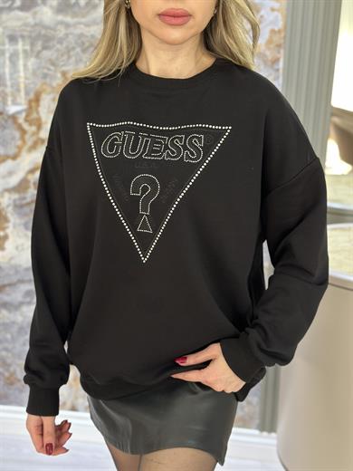 Gu Sweatshirt Taşlı Nakışlı Yazı Detaylı Siyah