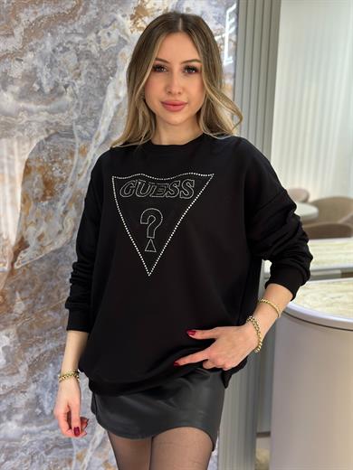 Gu Sweatshirt Taşlı Nakışlı Yazı Detaylı Siyah