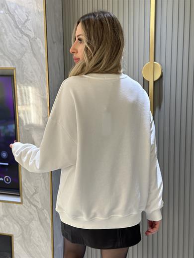 Gu Sweatshirt Taşlı Nakışlı Yazı Detaylı Ekru