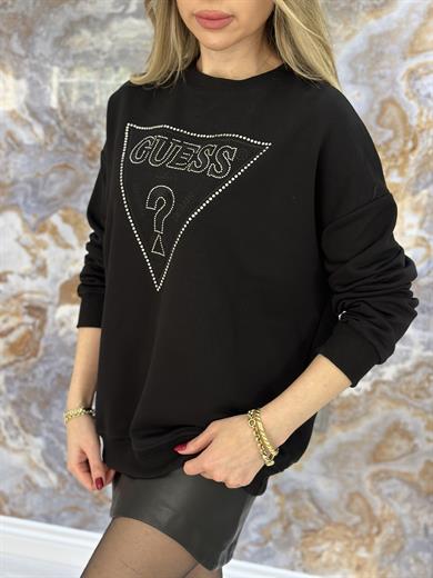 Gu Sweatshirt Taşlı Nakışlı Yazı Detaylı Siyah
