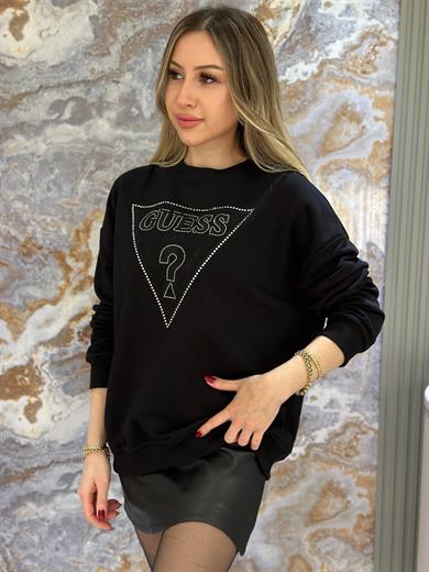 Gu Sweatshirt Taşlı Nakışlı Yazı Detaylı Siyah