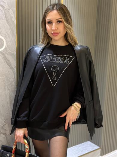 Gu Sweatshirt Taşlı Nakışlı Yazı Detaylı Siyah