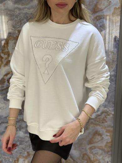 Gu Sweatshirt Taşlı Nakışlı Yazı Detaylı Ekru