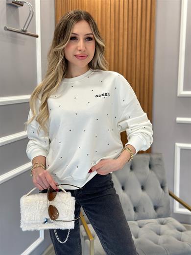 Gu Sweatshirt Üçgen Serpme Taşlı Ekru 