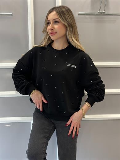 Gu Sweatshirt Üçgen Serpme Taşlı Siyah 