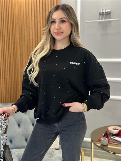 Gu Sweatshirt Üçgen Serpme Taşlı Siyah 