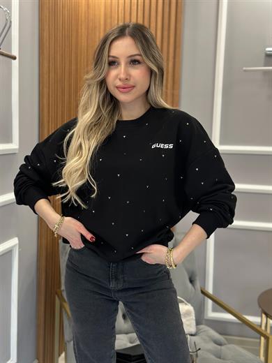 Gu Sweatshirt Üçgen Serpme Taşlı Siyah 