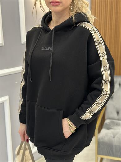 Gu Sweatshirt Yazı Kol Detaylı Kapşonlu Siyah