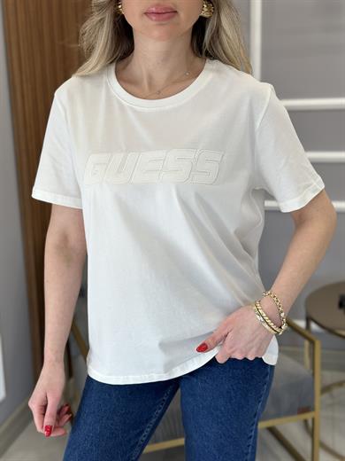 Gu T-shirt Kabartma Yazılı Beyaz
