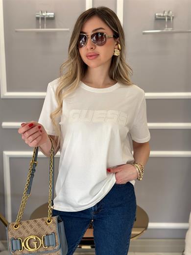 Gu T-shirt Kabartma Yazılı Beyaz