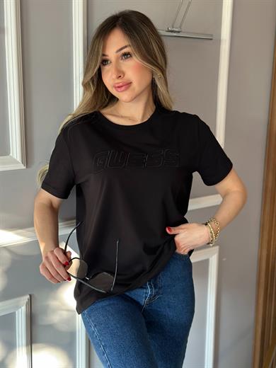 Gu T-shirt Kabartma Yazılı Siyah