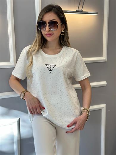 Gu T-shirt Serpme Taşlı Beyaz