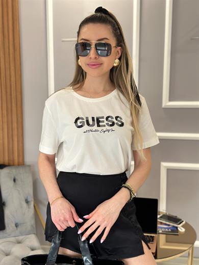 Gu T-shirt Taşlı Yazılı Krem
