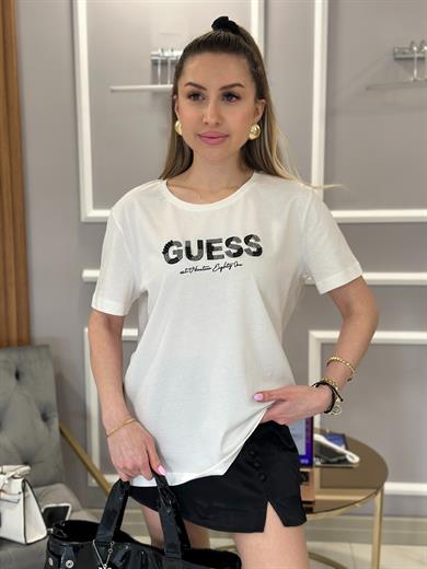 Gu T-shirt Taşlı Yazılı Krem
