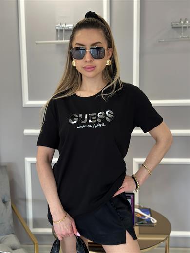 Gu T-shirt Taşlı Yazılı Siyah