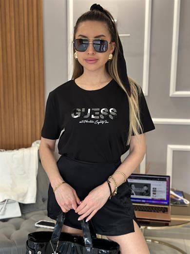 Gu T-shirt Taşlı Yazılı Siyah