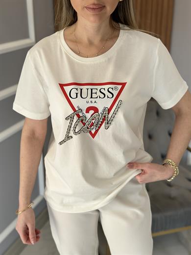 Gu Taş Yazı Detaylı Ekru T-shirt