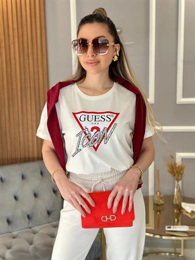 Gu Taş Yazı Detaylı Ekru T-shirt