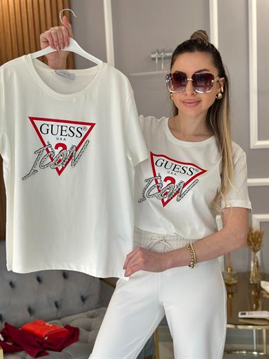 Gu Taş Yazı Detaylı Ekru T-shirt