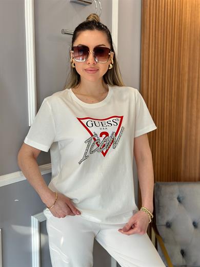 Gu Taş Yazı Detaylı Ekru T-shirt