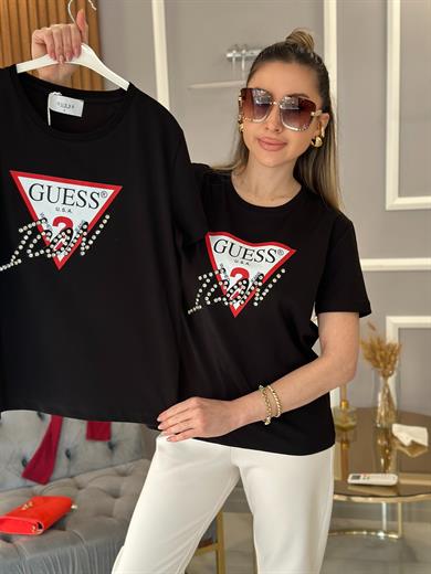 Gu Taş Yazı Detaylı Siyah T-shirt