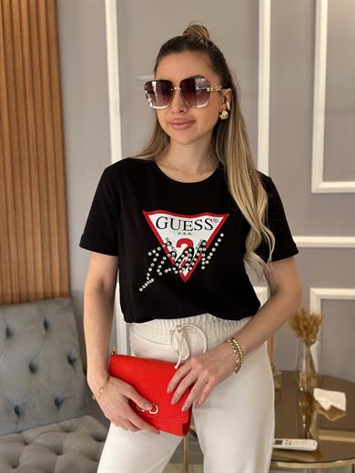 Gu Taş Yazı Detaylı Siyah T-shirt