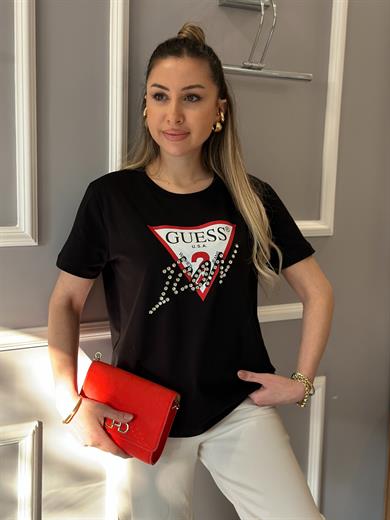 Gu Taş Yazı Detaylı Siyah T-shirt